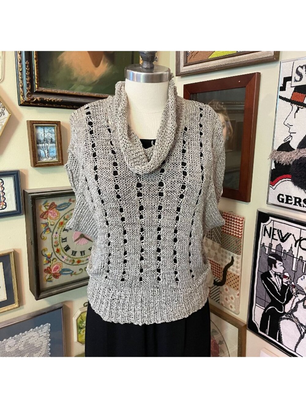 Vivienne Tam Beige Lightweight Loose Knit Short Sleeve Cowl Neck Sweater M/L